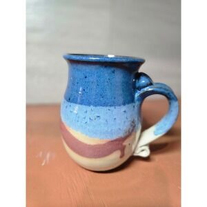 Studio Aria Finch Signed Blue Cream Stoneware Pottery Mug with Thumb Rest Blue